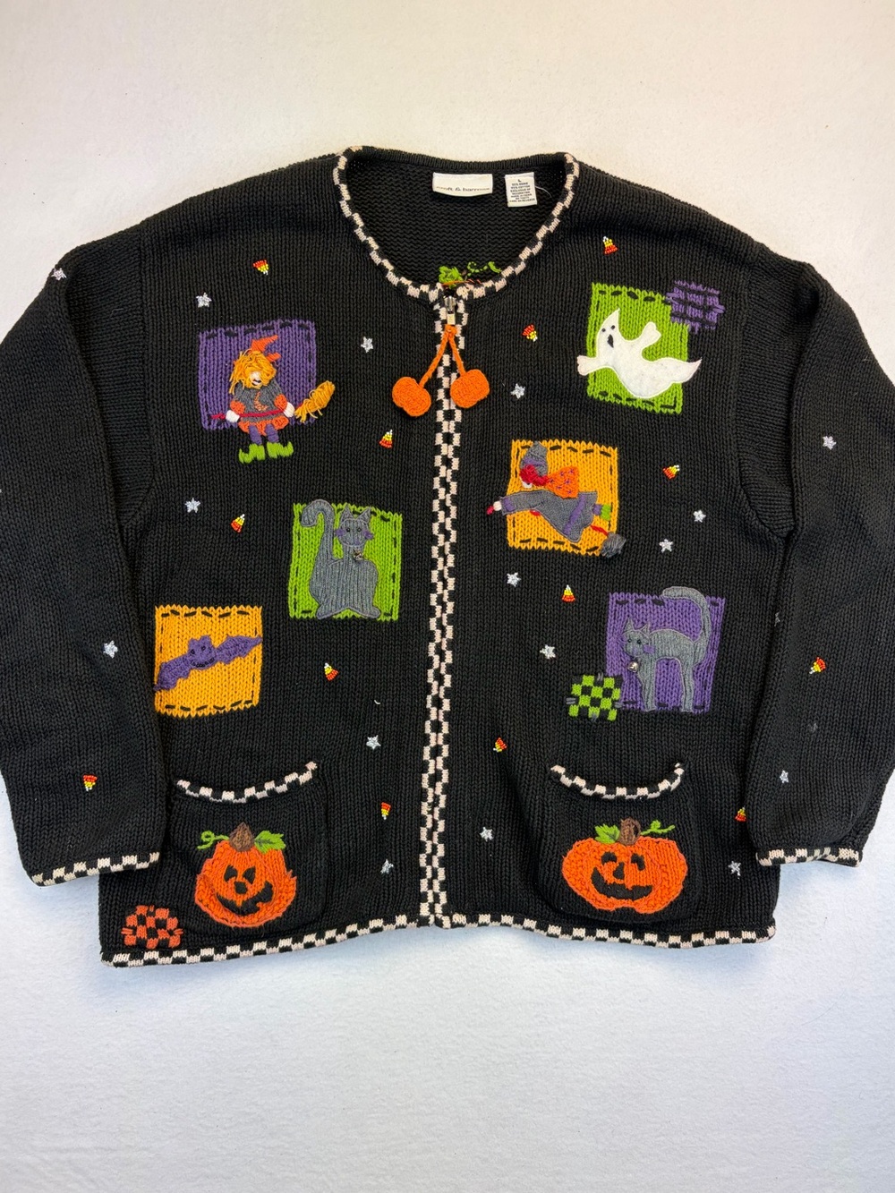 Vintage Halloween Zip Up Cardigan Sweater Large Croft Barrow Grandma Cats Bats